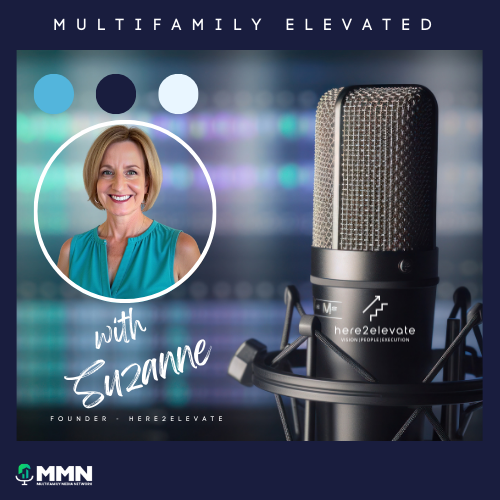 Podcast cover with Suzanne, microphone, and logo; shades of blue and purple.