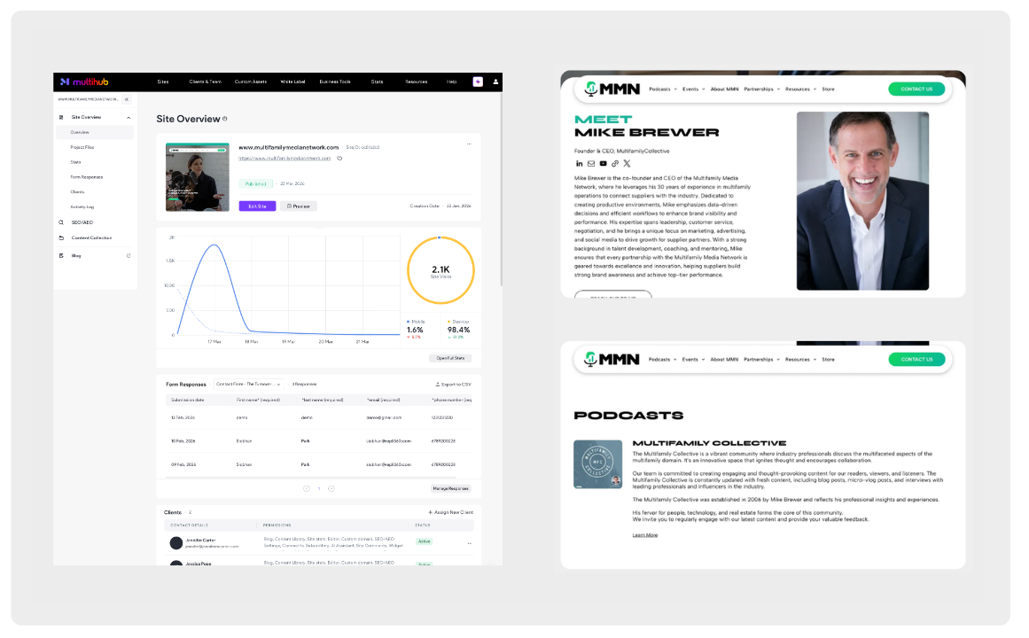 Dashboard showing analytics, an interview profile, and a podcast page for the platform Podbean.