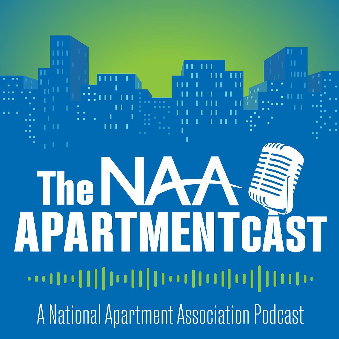 The NAA Apartmentcast podcast logo: white microphone and text on a blue skyline background.