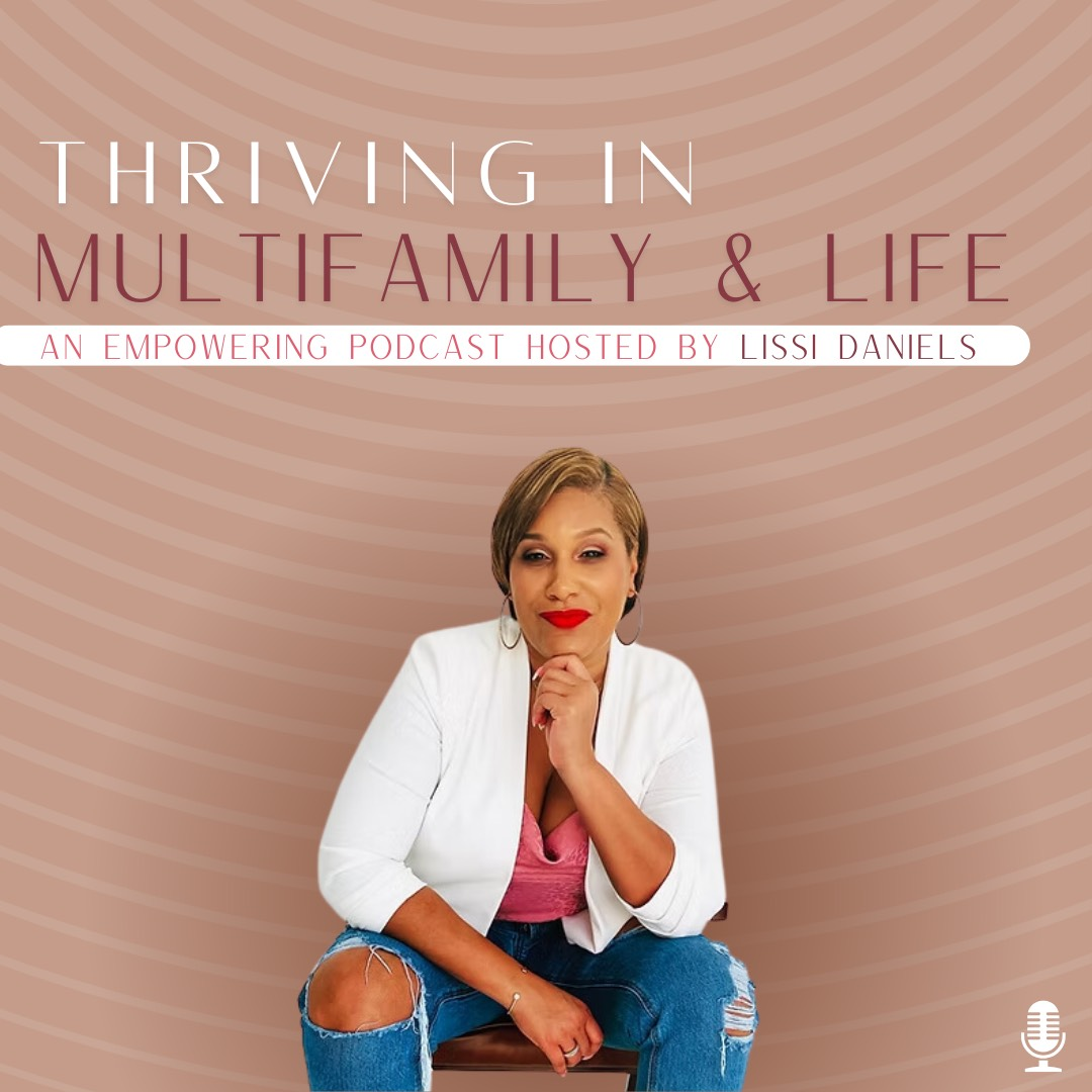 Podcast cover: Woman in white jacket and ripped jeans sits, smiling. Text reads 