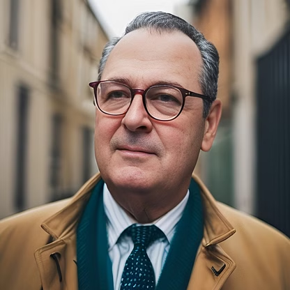 Man with glasses in tan coat and blue scarf, walking outdoors.