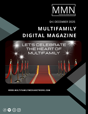 Cover of Multifamily Digital Magazine, red carpet leads to stage with spotlights, black background.