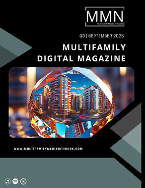Multifamily Digital Magazine cover. A crystal ball reflects city buildings. Black background with text and logo.