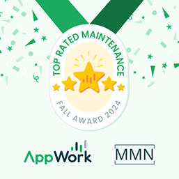 Top Rated Maintenance award medal for Fall 2024. Features green ribbon, stars, confetti, and logos for AppWork and MMN.