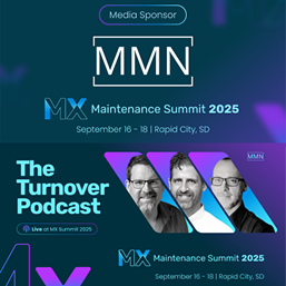 Promotional graphics for the MX Maintenance Summit 2025 in Rapid City, SD, featuring logos and podcast promotion.