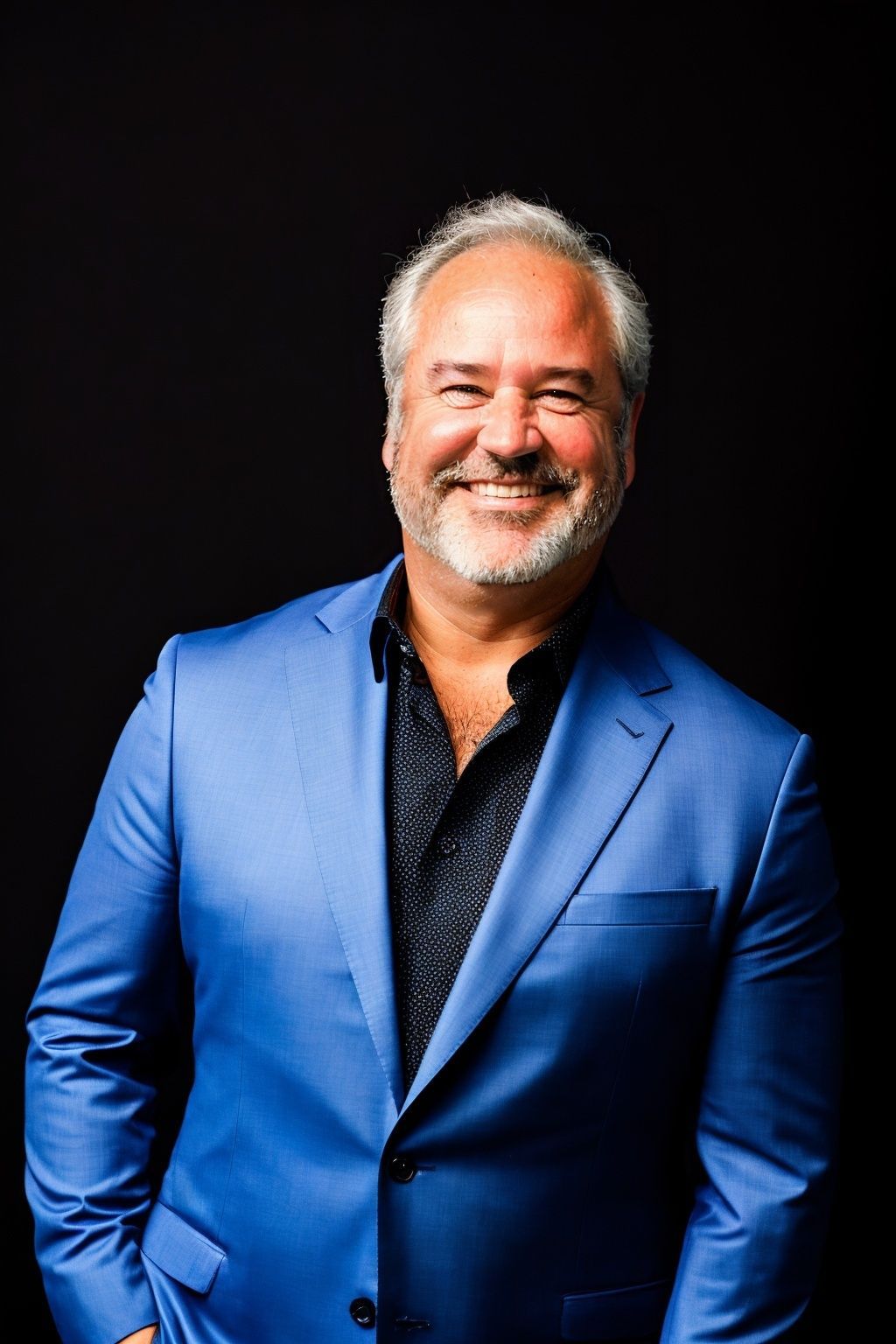 Man in blue suit, smiling against a black background.