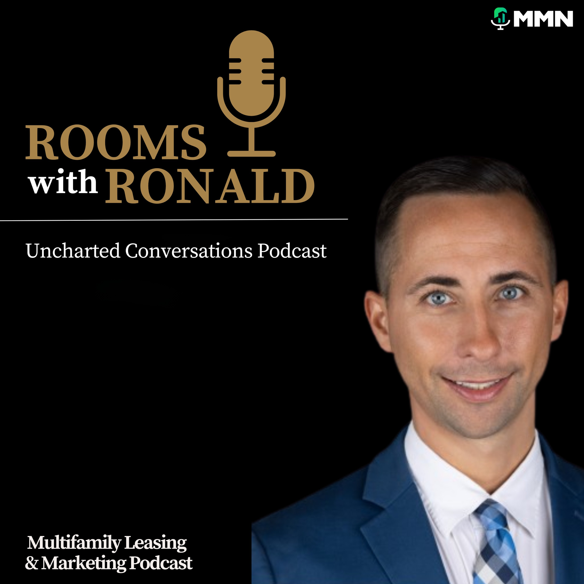 Podcast cover: man in blue suit and tie with Rooms With Ronald logo and black background