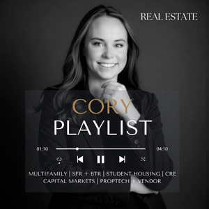 Real estate professional, Cory, in a promotional image with a playlist graphic overlay. Topics include real estate markets.