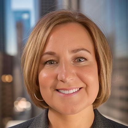 Woman with short blonde hair and a smile, wearing a blazer, with a blurred city background.