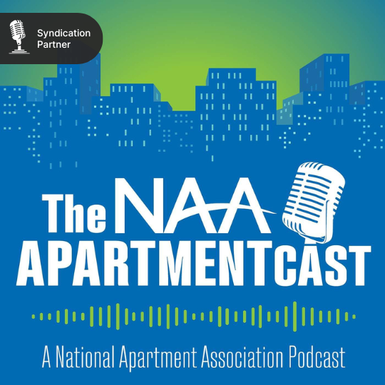 The NAA Apartmentcast podcast logo: white microphone and text on a blue skyline background.