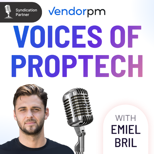 Podcast cover art: Man with microphone; title 