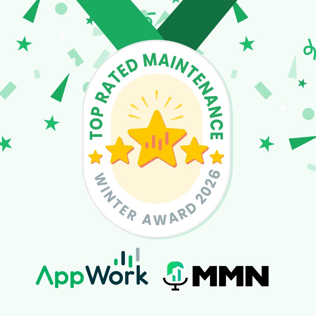 Top Rated Maintenance award medal for Fall 2024. Features green ribbon, stars, confetti, and logos for AppWork and MMN.