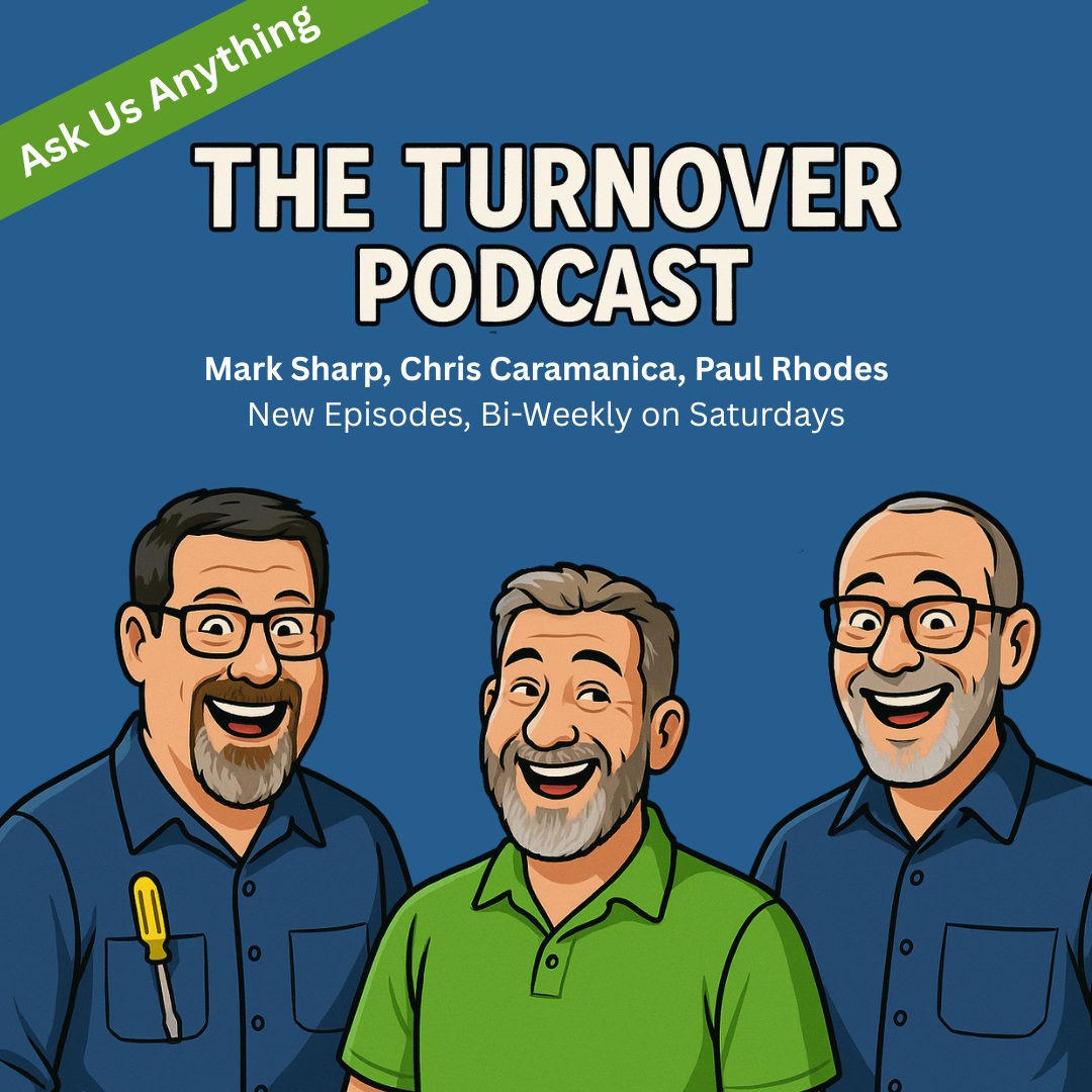Podcast cover: Three men (Mark, Chris, Paul) smiling, text "The Turnover Podcast" on a blue background.
