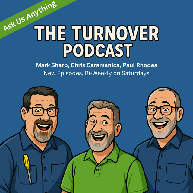 Podcast cover: Three men (Mark, Chris, Paul) smiling, text "The Turnover Podcast" on a blue background.