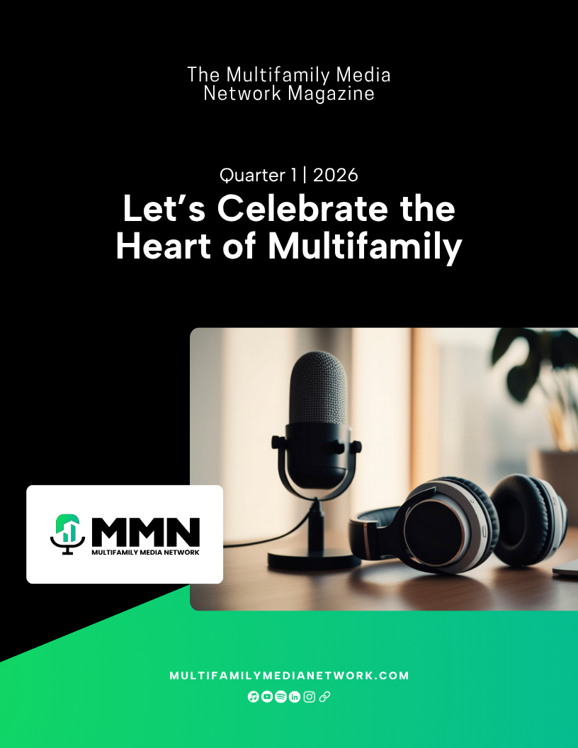 picture of microphone and headphones on a table with Let's Celebrate the Heart of Multifamily text on black background