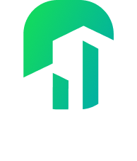 Green and white stylized house icon within an arch shape.