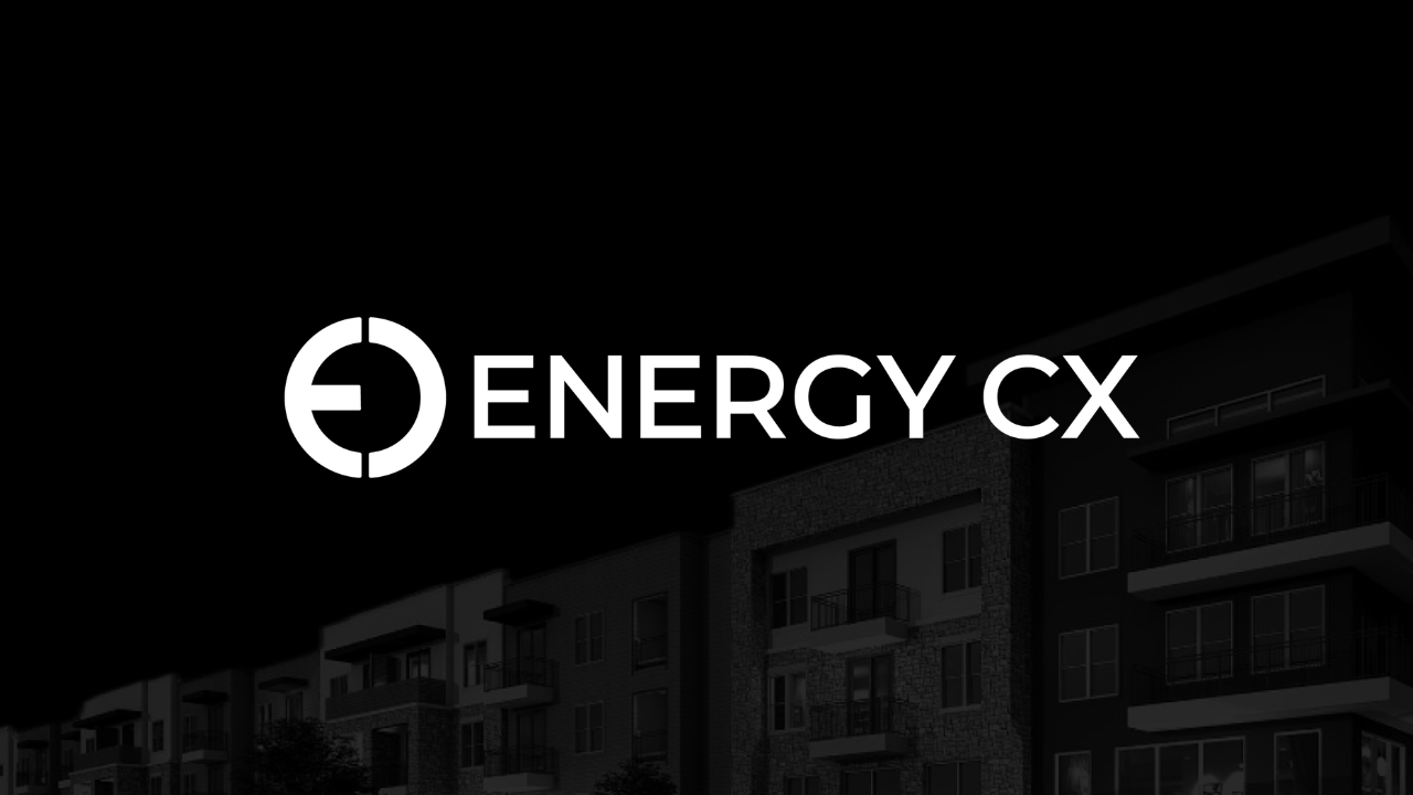 Energy CX logo over a dark building facade. White logo and text.