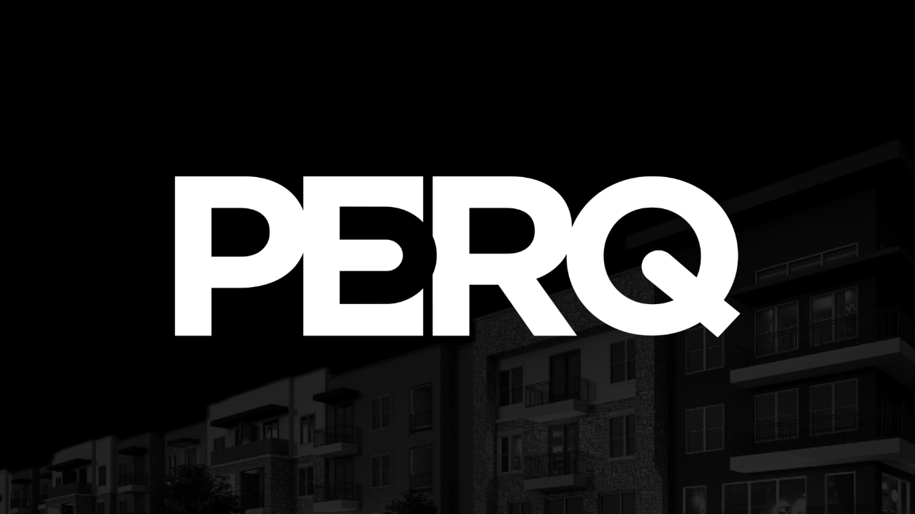 PERQ logo over apartment building in black and white.