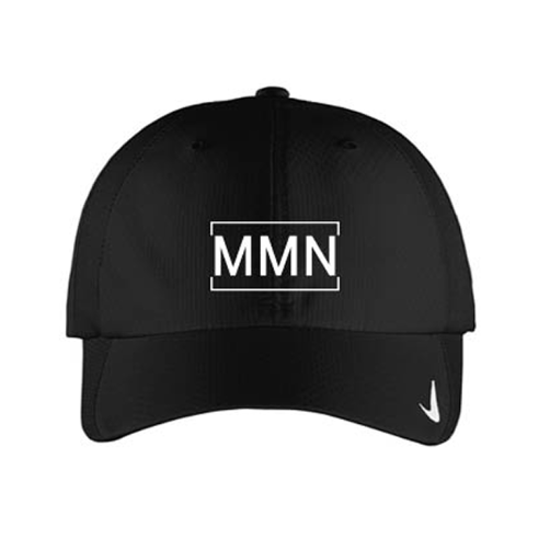 Black Nike baseball cap with "MMN" in a white box on the front. A small Nike swoosh is on the bill.