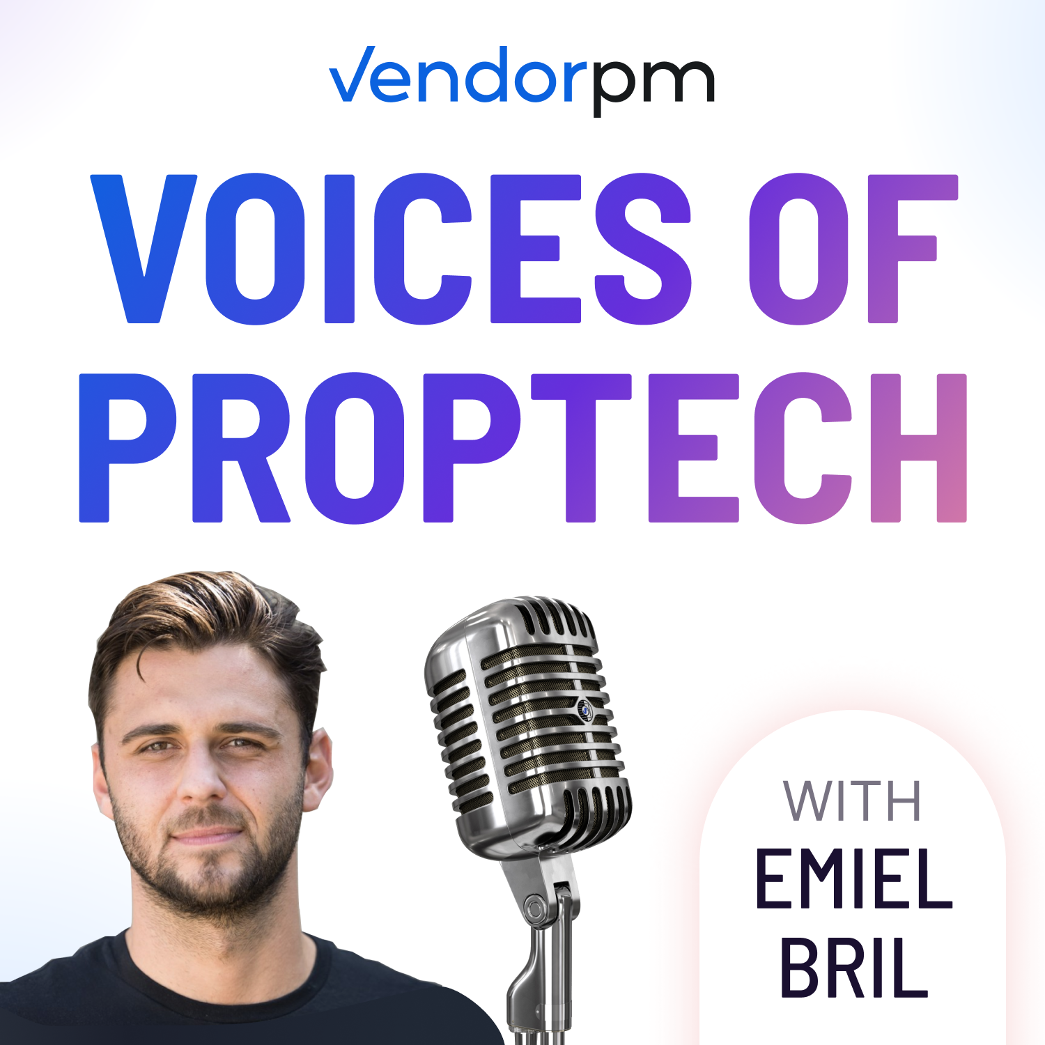 Podcast cover art: Man with microphone; title 