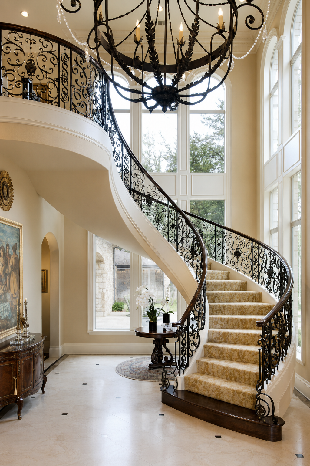 Elegant curved staircase in a bright foyer with ornate black railing and chandelier