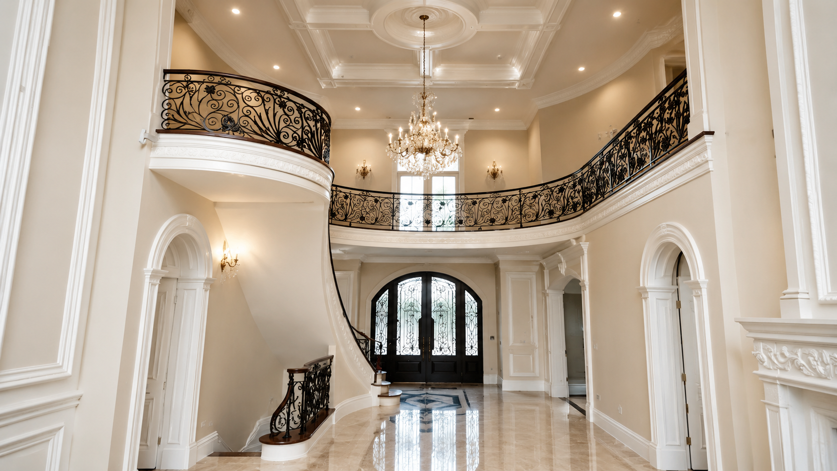 Elegant cream-colored foyer with curved staircase, ornate railings, and glossy marble floor