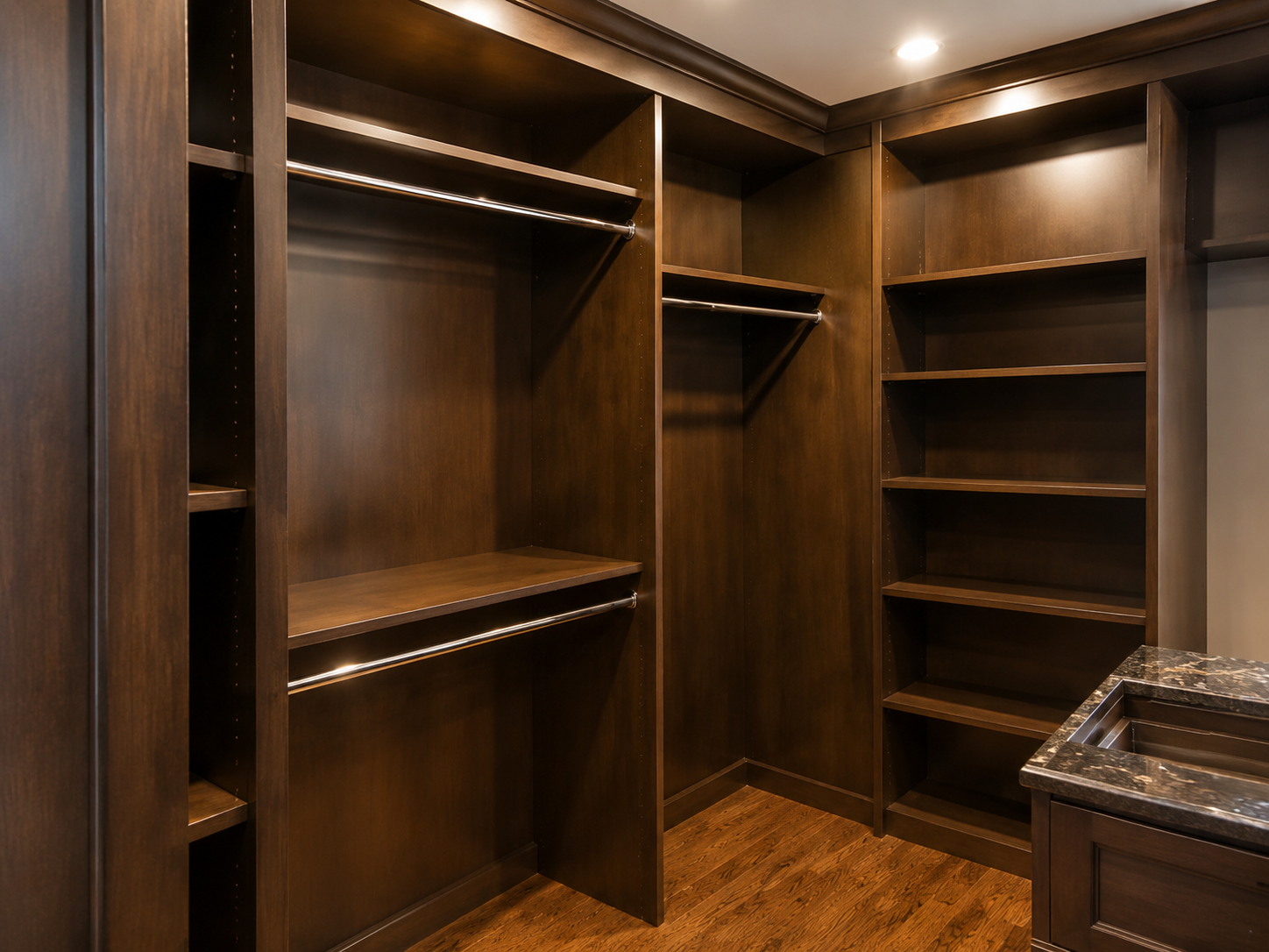 Empty walk-in closet with dark wood shelves, hanging rods, and built-in drawers
