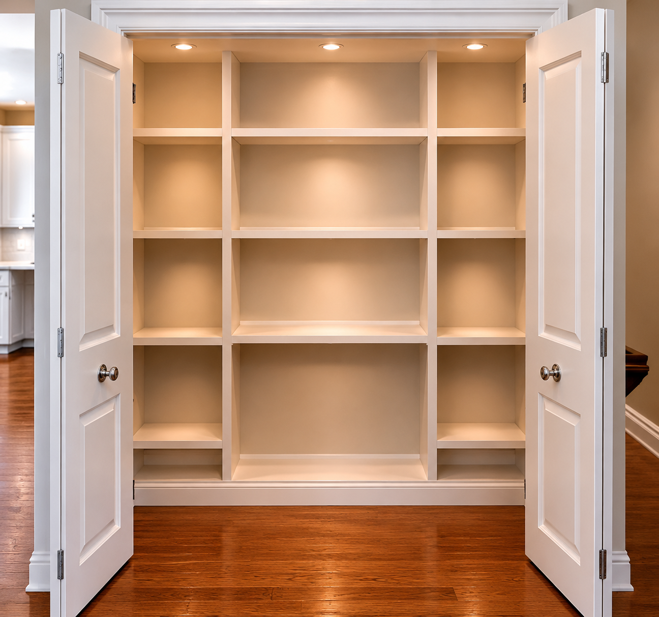 Open white closet doors reveal empty built-in shelves in a beige alcove.