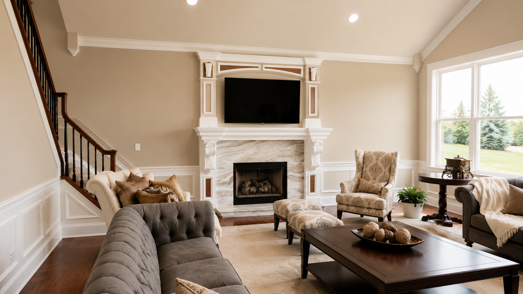 Elegant beige living room with a fireplace, wall-mounted TV, tufted sofa, and large windows