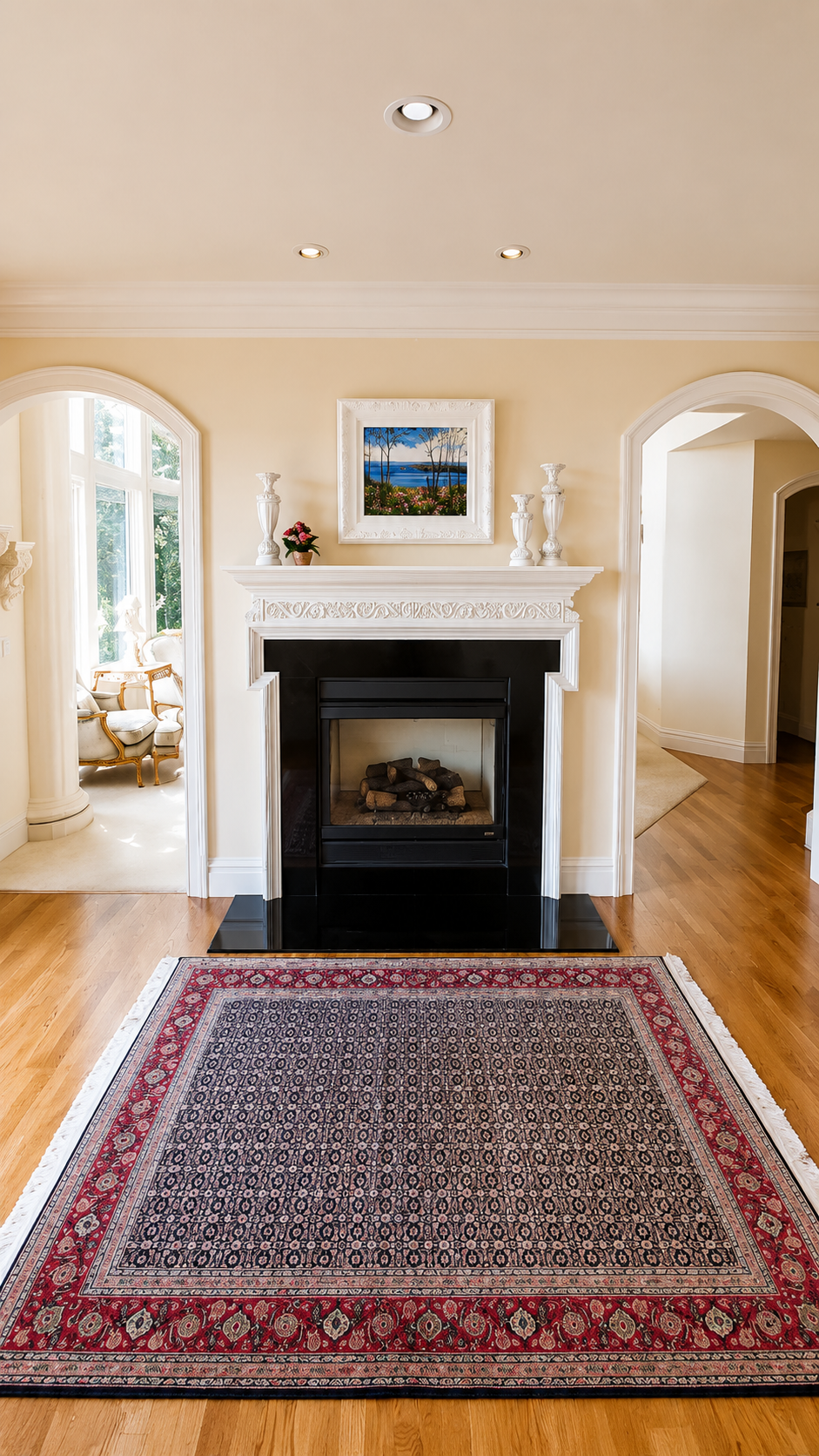 Bright living room with a black fireplace, red patterned rug, and arched doorways on hardwood floors