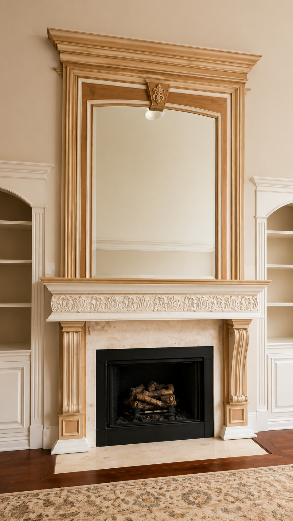 Ornate beige fireplace mantel with a large mirror above and a black firebox below in a formal room