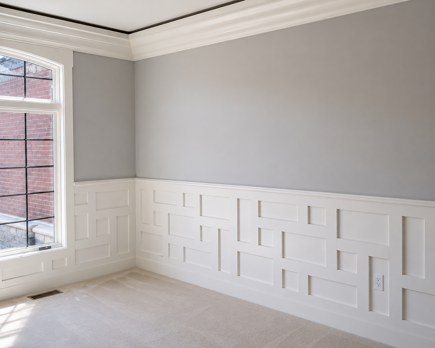 Empty room with gray walls, white wainscoting, and a window letting in daylight.