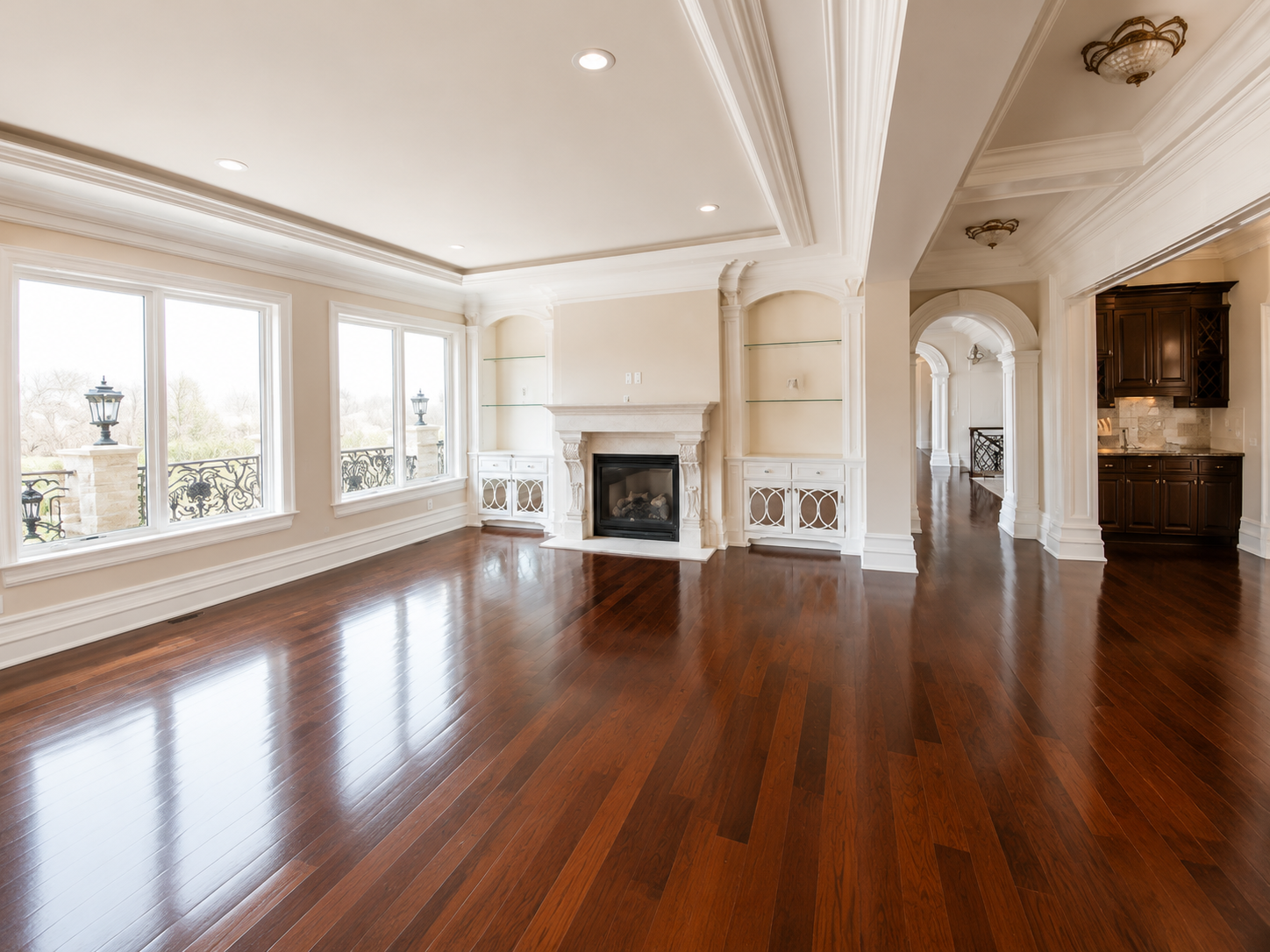 Bright empty living room with hardwood floors, large windows, and a fireplace.