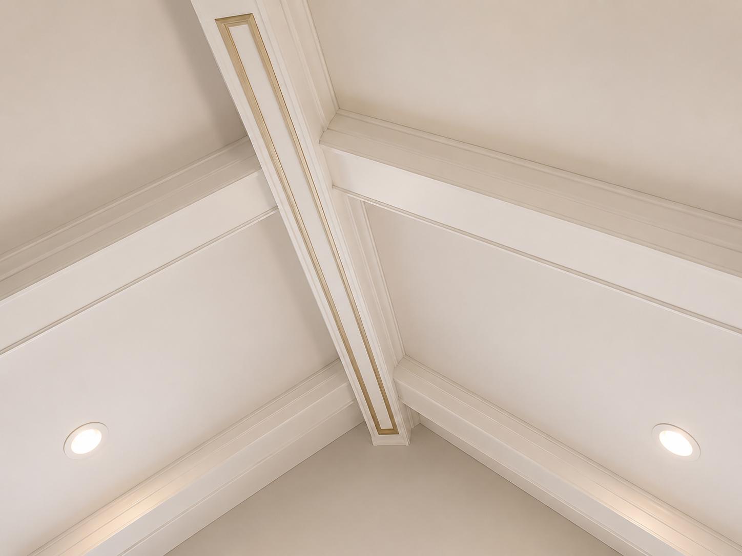Ceiling with white beams and recessed lights in a bright interior