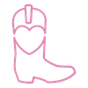 Pink outline of a cowboy boot with a heart shape filling the boot shaft.