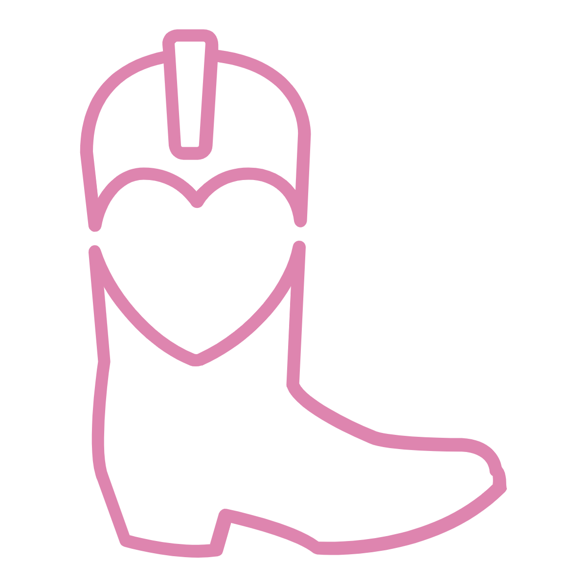 Pink outline of a cowboy boot with a heart shape filling the boot shaft.