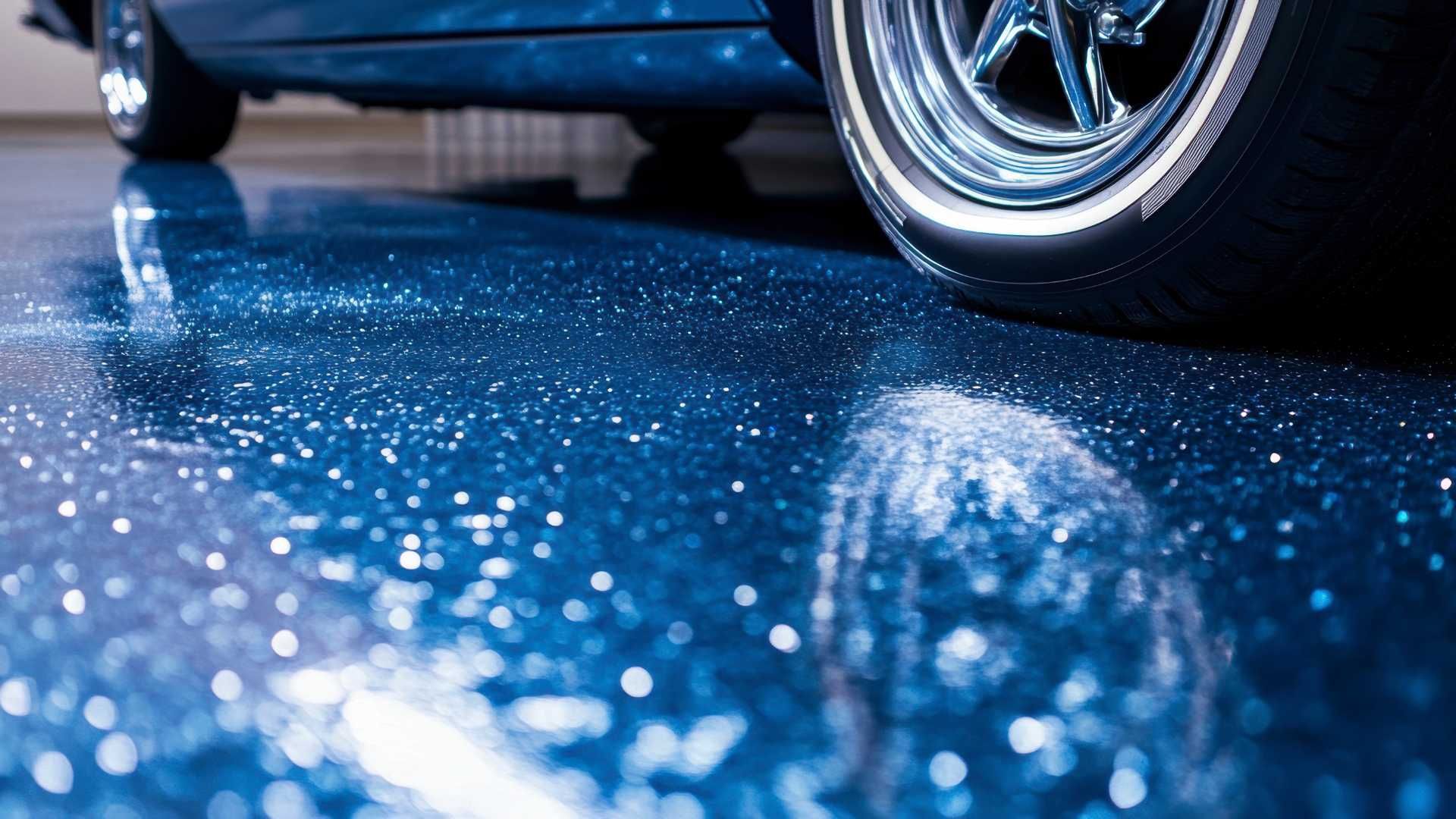 Shiny blue epoxy garage floor with a car tire.