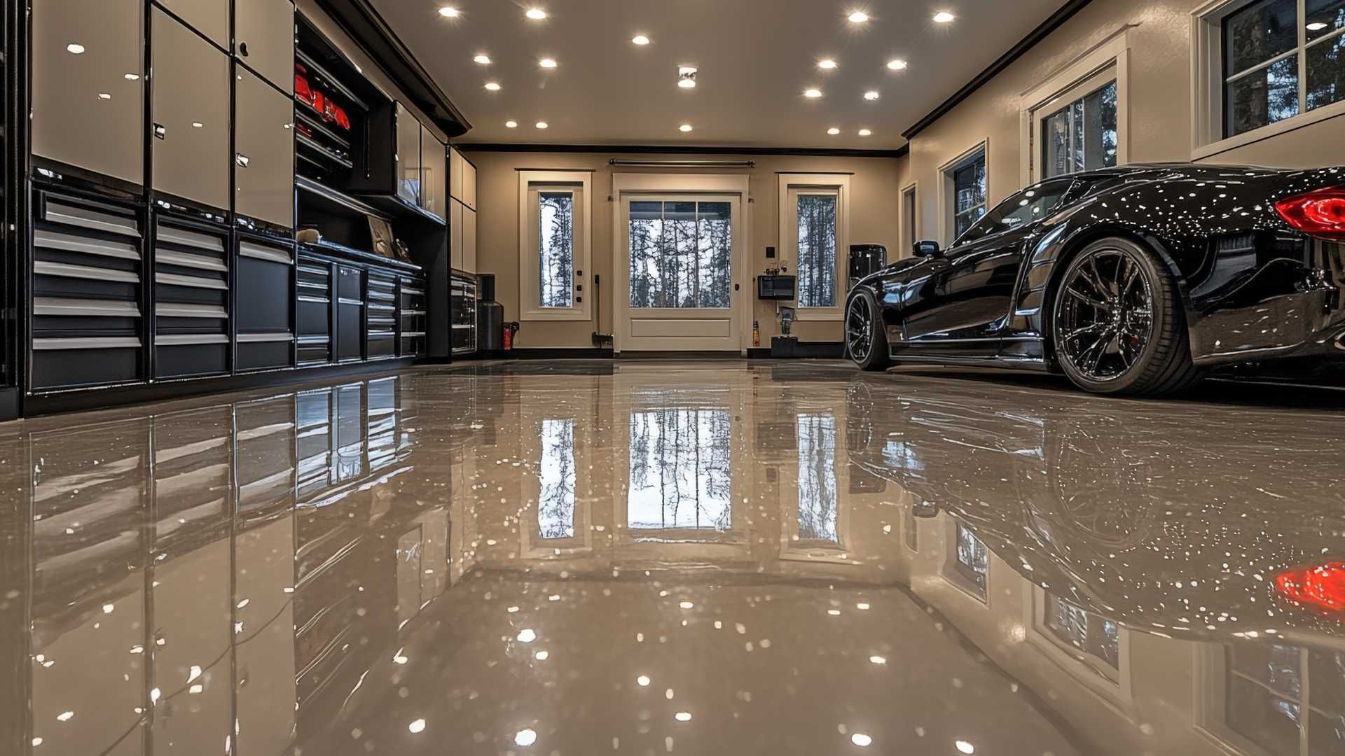 Luxurious garage with shiny epoxy floor, black car, and tool cabinets.