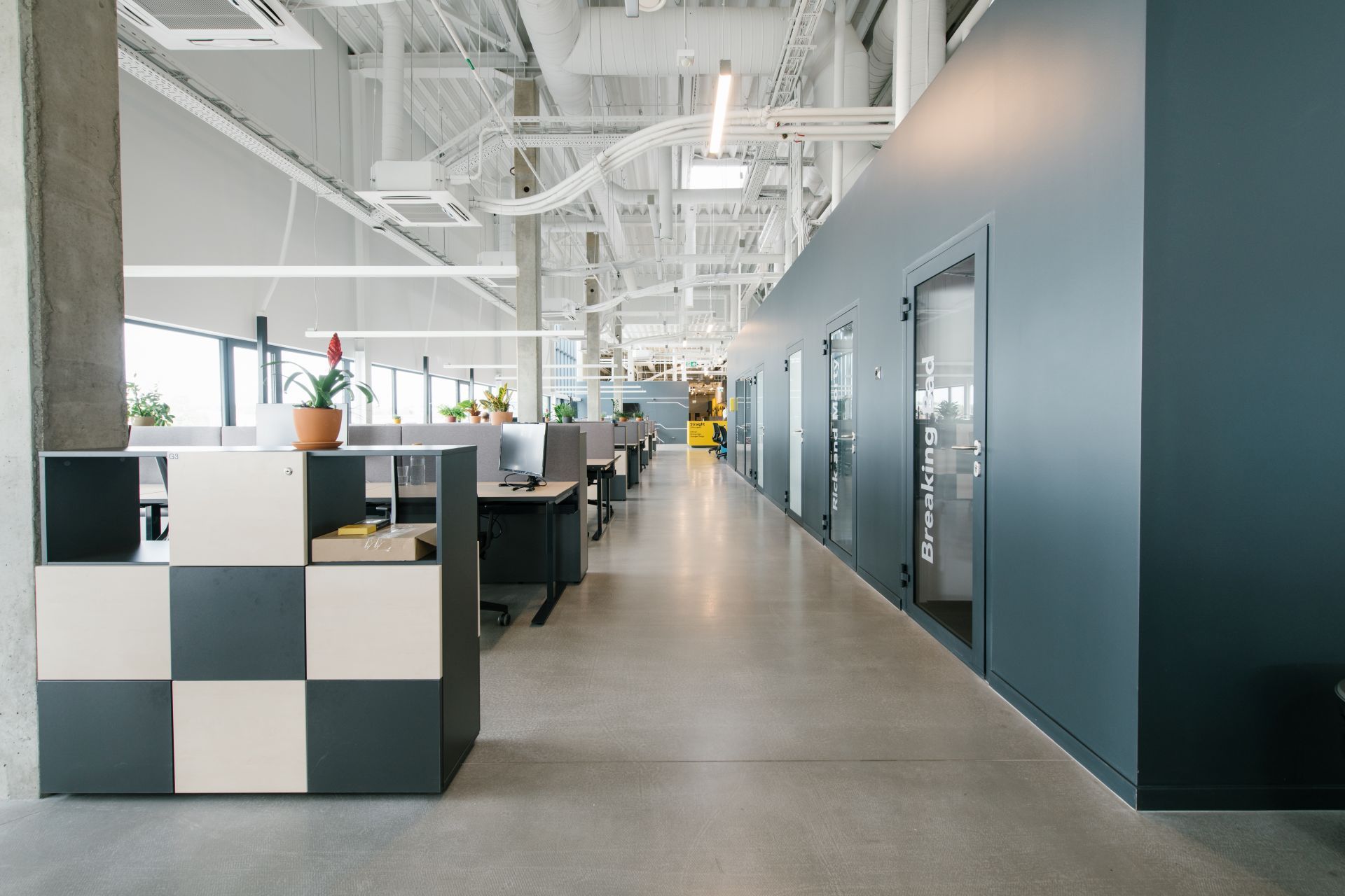 Modern office interior with a gray wall, cubicles, and a checkerboard cabinet.