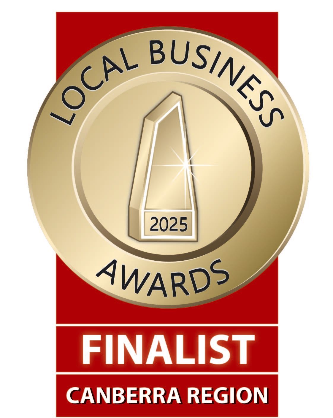 Local Business Awards finalist badge: gold medal with an abstract trophy, red background,