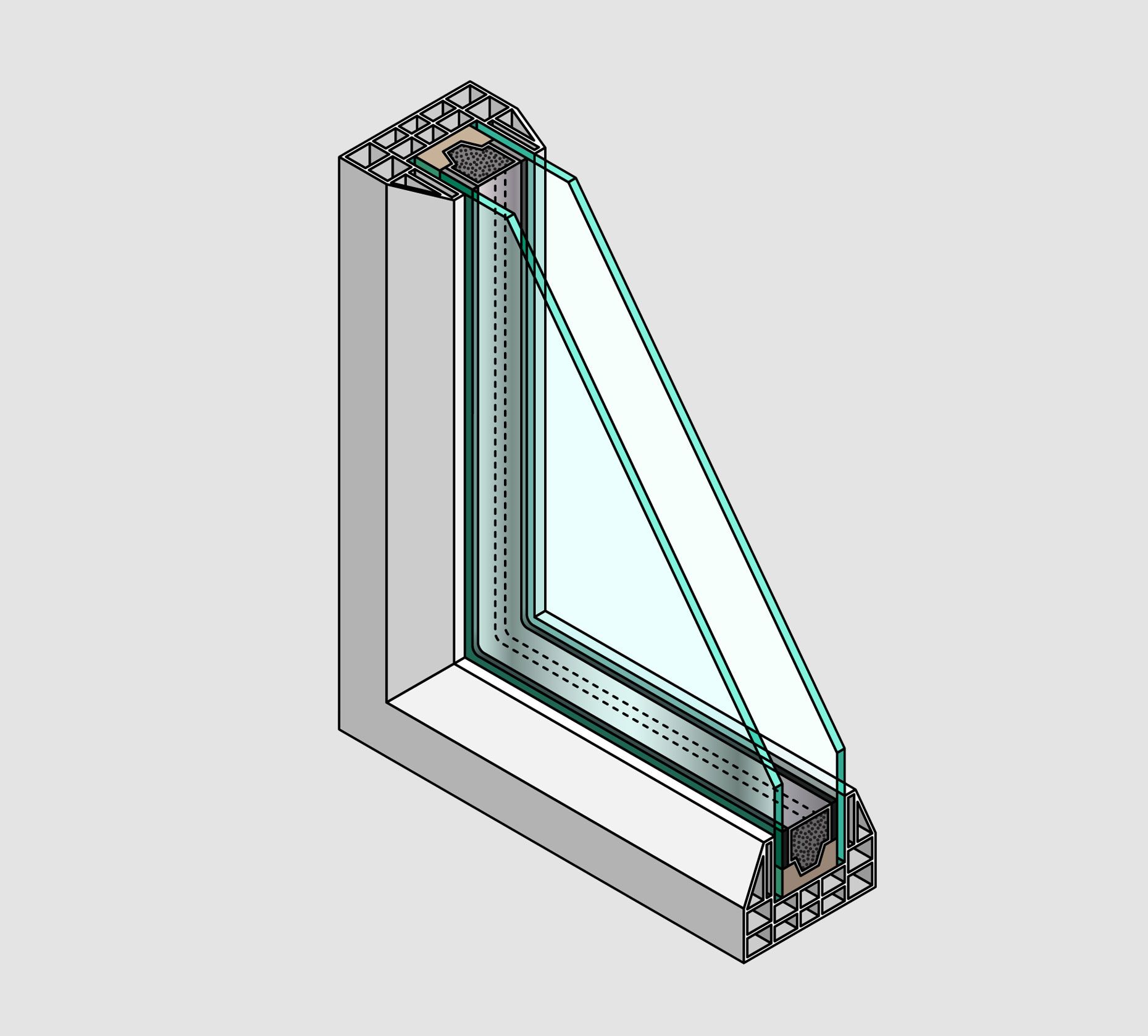 3D CAD rendering of a window frame with teal guide lines and mounting hardware on a white background