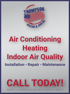 An advertisement for thompson air conditioning heating indoor air quality
