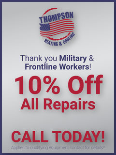 An advertisement for thompson heating and cooling offers 10 % off all repairs