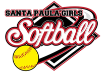 Santa Paula Girls Softball logo: Red and black text on a diamond with a yellow softball.