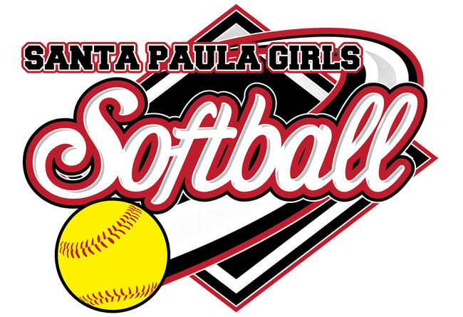 Santa Paula Girls Softball logo: Red and black text on a diamond with a yellow softball.
