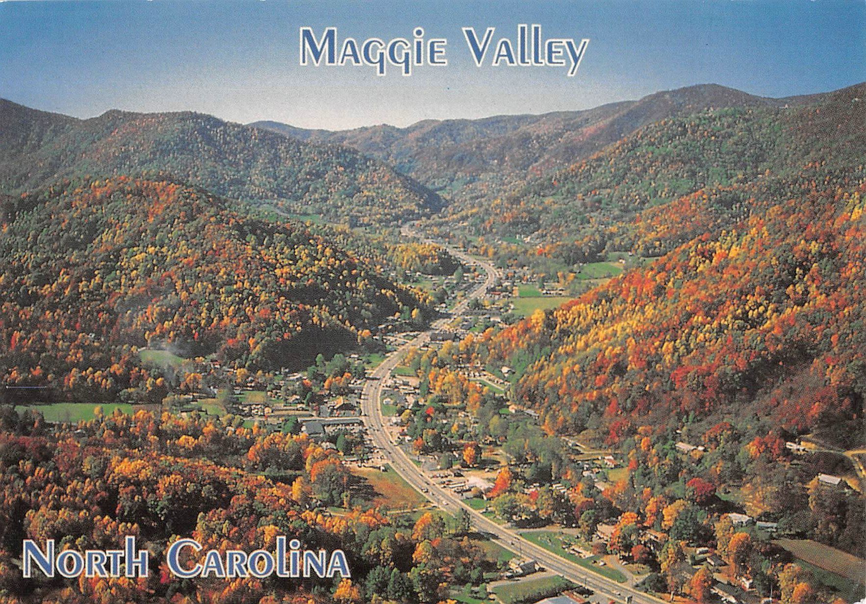 Aerial view of Maggie Valley, North Carolina with fall foliage near Fox Run Apartments