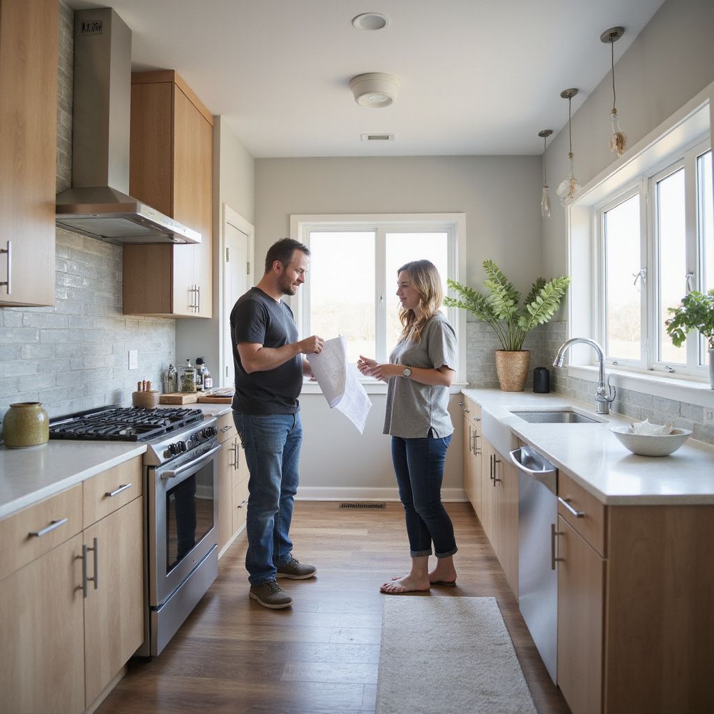 Couple in a kitchen discussing blueprints; woman and man standing by a sink and a stove with light-colored cabinets.