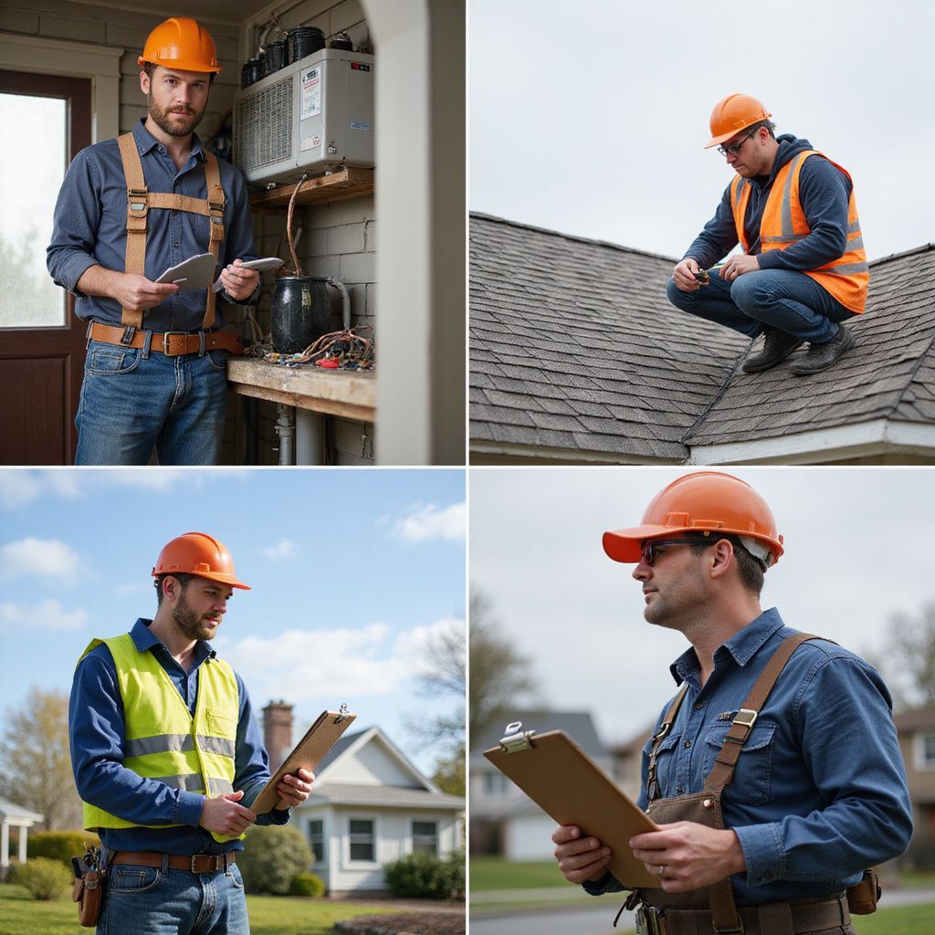 Four images of home inspectors in orange hard hats: inspecting a furnace, roof, yard, and noting findings.