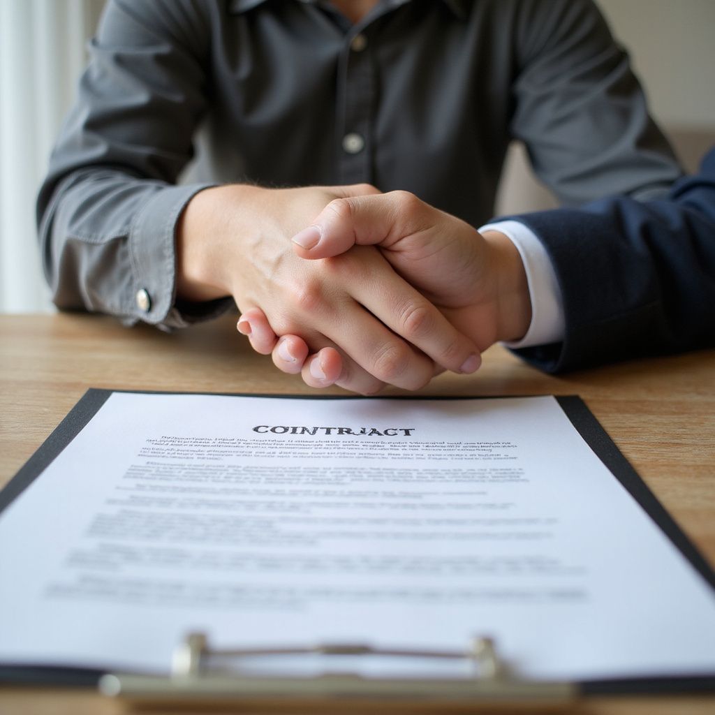 Two people shaking hands over a contract on a table.