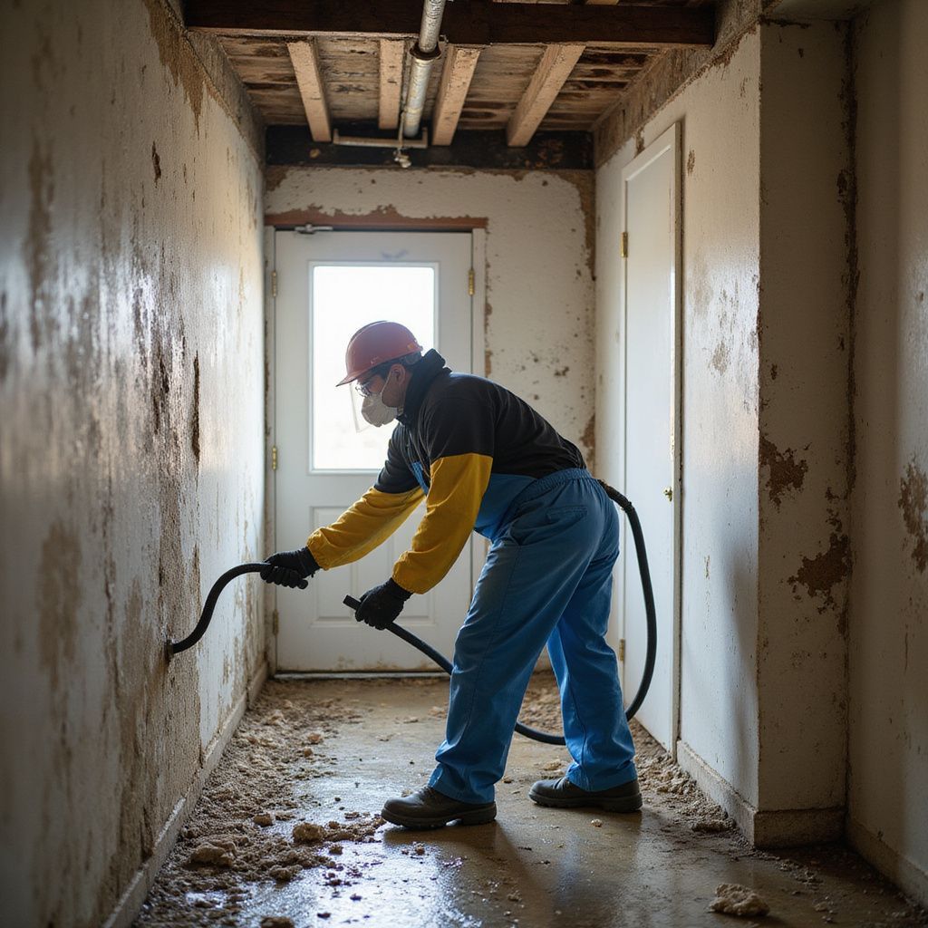 Person in protective gear sprays a water-damaged wall in a hallway with a door and ceiling pipes.